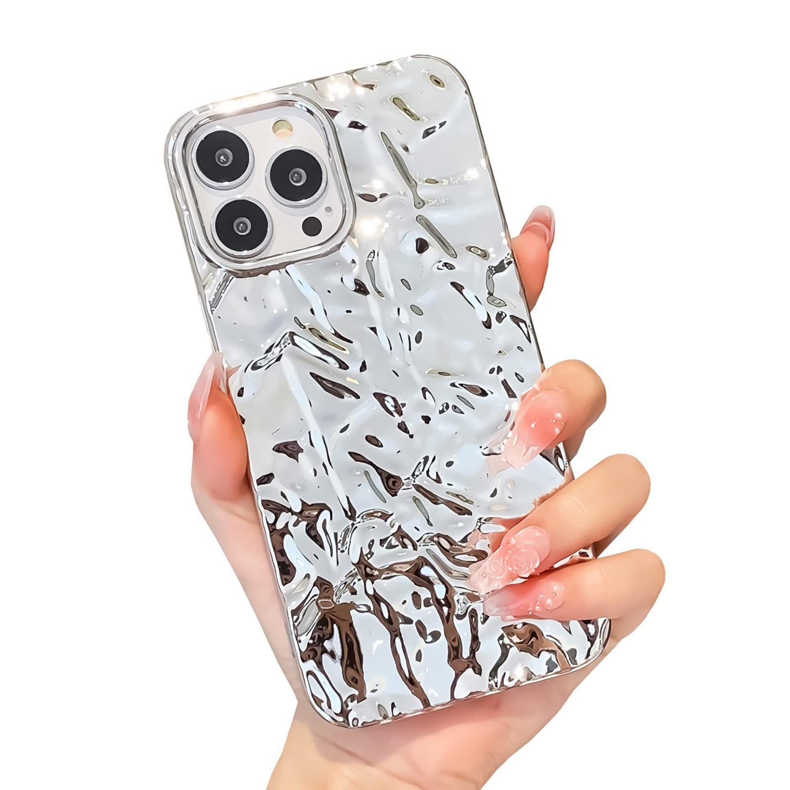 Compatible For Iphone 13 Pro Max Case Luxury Designer Tin Foil Pleated Phone Cover For Women Electroplated Sparkly Silicone Prot